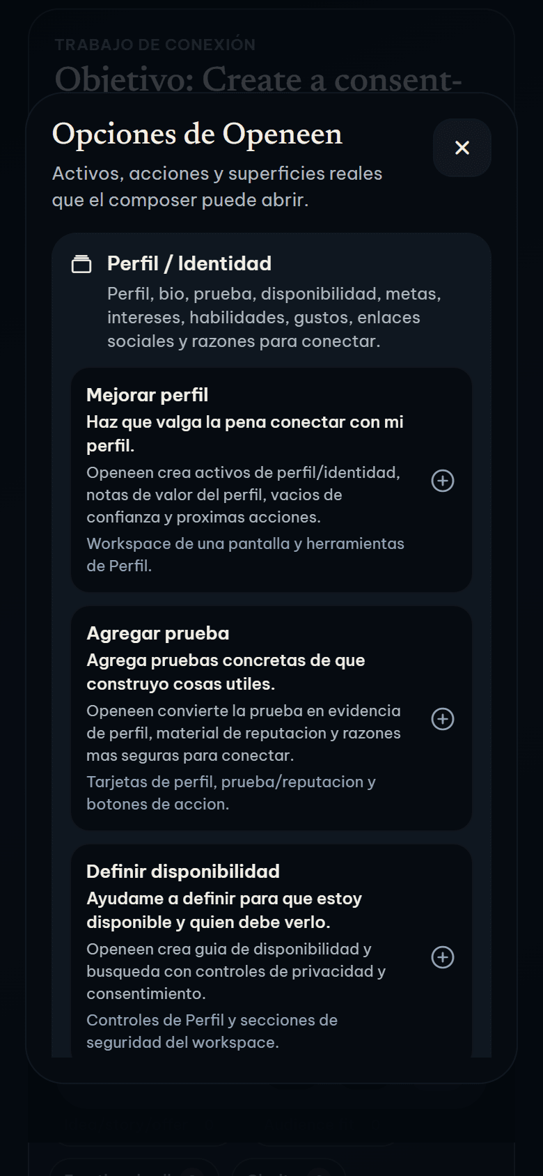 Openeen options menu on mobile
